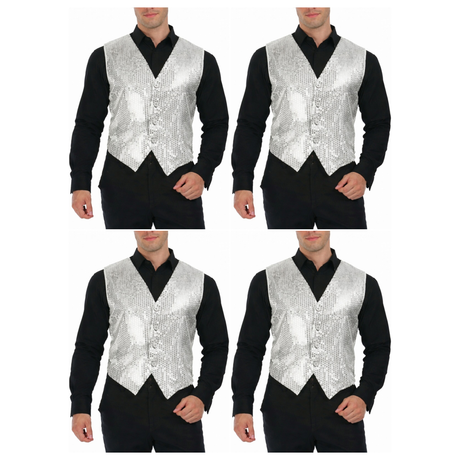 4x Mens Premium Silver Sequin Vest Bulk Pack - Disco Sparkle 70s Dance Costume (Fancy Dress)