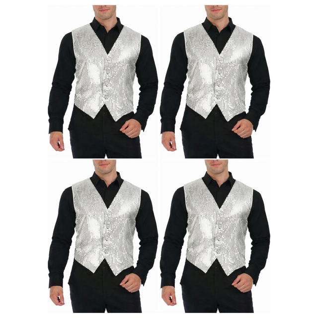4x Mens Premium Silver Sequin Vest Bulk Pack - Disco Sparkle 70s Dance Costume (Fancy Dress)