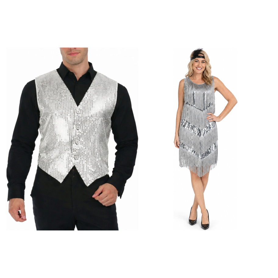 Silver Sequin Vest & Flapper Couples Costume Set - His & Hers 1920s Halloween Fancy Dress