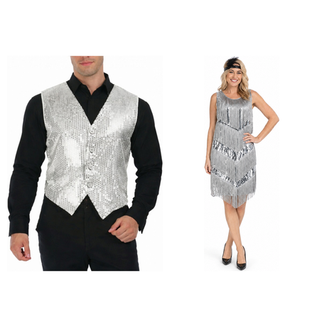 Silver Sequin Vest & Flapper Couples Costume Set - His & Hers 1920s Halloween Fancy Dress