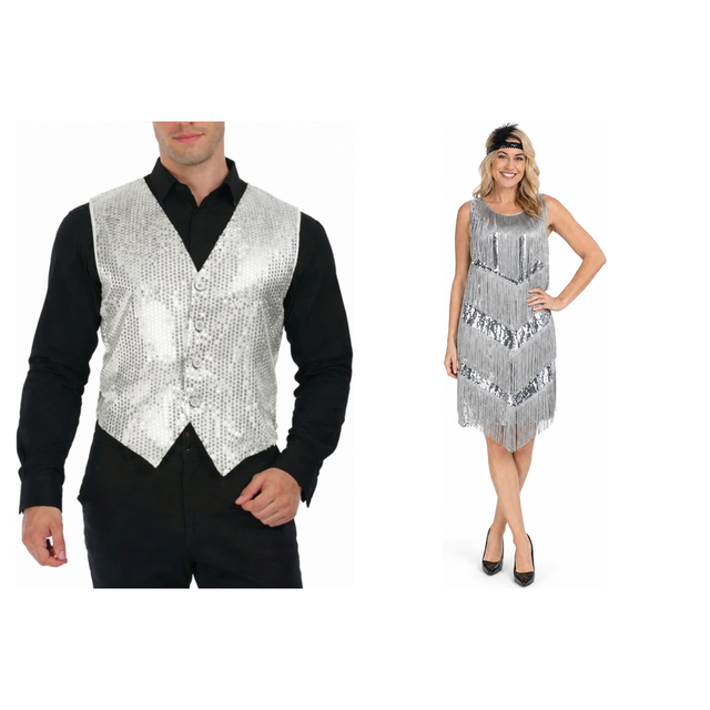 Silver Sequin Vest & Flapper Couples Costume Set - His & Hers 1920s Halloween Fancy Dress