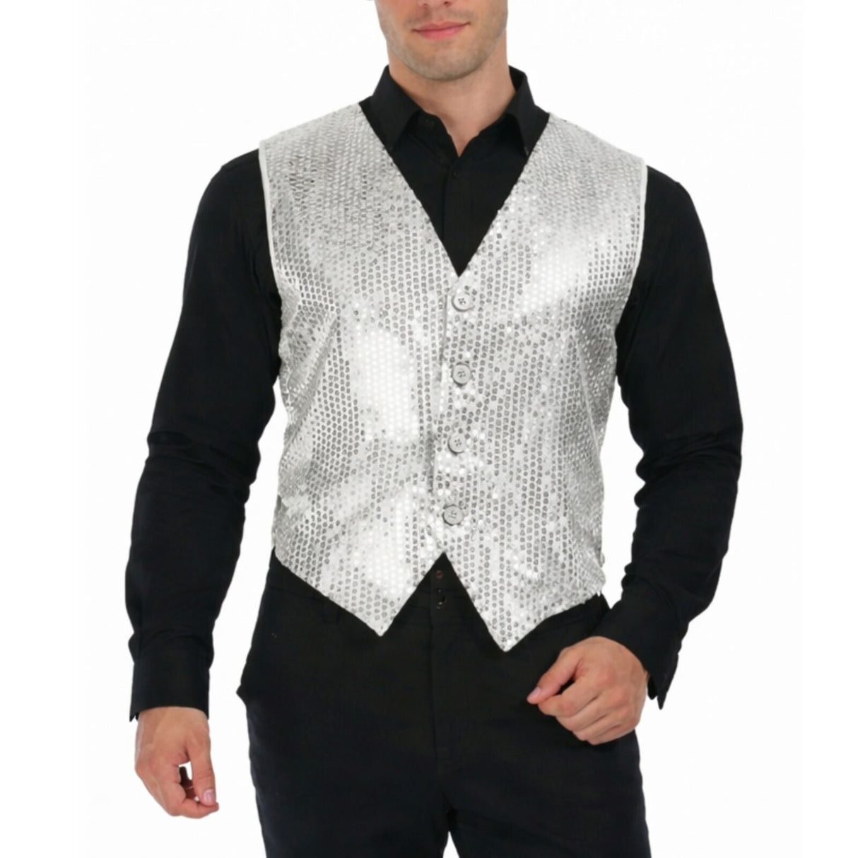 Mens Premium Silver Sequin Vest - Disco Sparkle 70s Dance Costume (Fancy Dress)