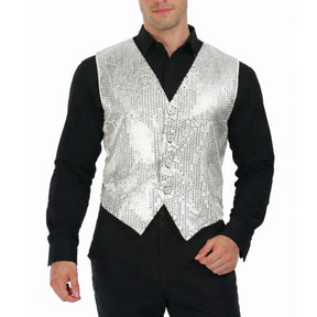 Mens Premium Silver Sequin Vest - Disco Sparkle 70s Dance Costume (Fancy Dress)
