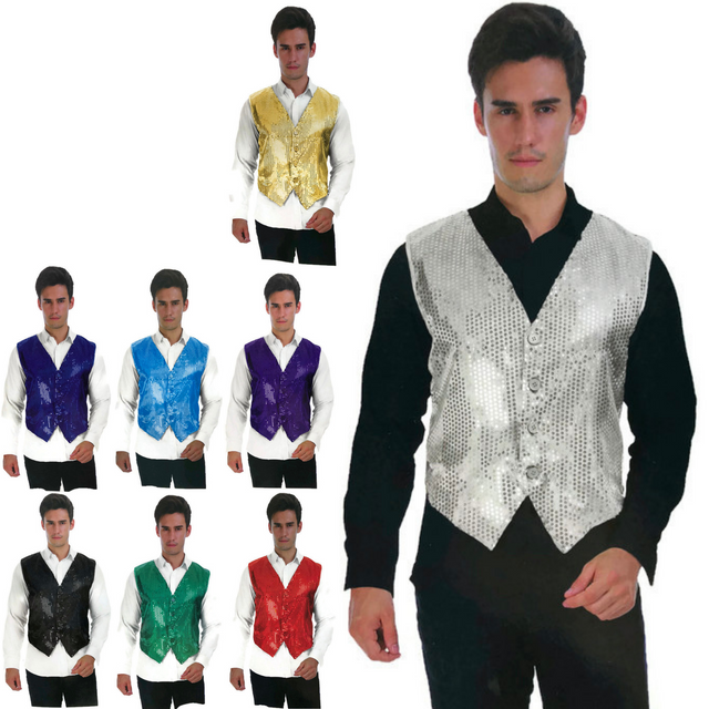 Mens Premium SEQUIN VEST Waistcoat Dance Costume Disco Sparkle Deluxe - Black