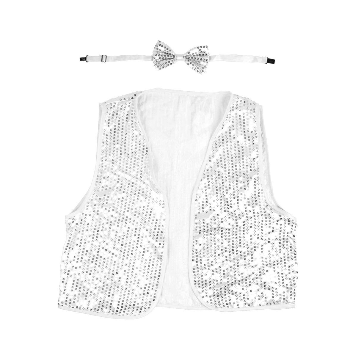 Adult Unisex SEQUIN BOW TIE & VEST Dance Costume Party Sparkle Set in Silver