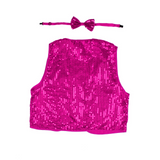Adult Unisex SEQUIN BOW TIE & VEST Dance Costume Party Sparkle Set in Hot Pink