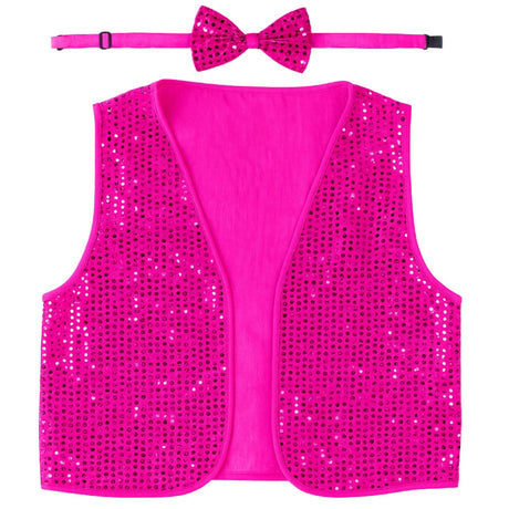 Adult Unisex SEQUIN BOW TIE & VEST Dance Costume Party Sparkle Set in Hot Pink