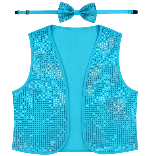 Adults Light Blue Sequin Bow Tie & Vest Set - Sparkly Dance Costume/Fancy Dress Party