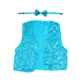 Adults Light Blue Sequin Bow Tie & Vest Set - Sparkly Dance Costume/Fancy Dress Party