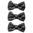 3x Black Glitter Sequin Small Bow Tie Bulk Pack - Shiny Fancy Dress Costume Party