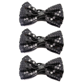 3x Black Glitter Sequin Small Bow Tie Bulk Pack - Shiny Fancy Dress Costume Party
