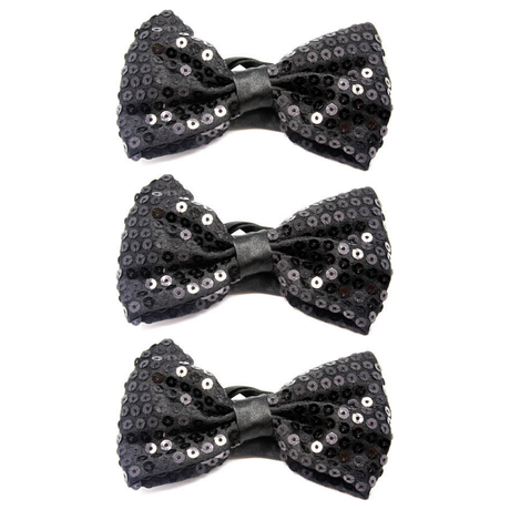 3x Black Glitter Sequin Small Bow Tie Bulk Pack - Shiny Fancy Dress Costume Party