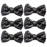 6x Black Glitter Sequin Small Bow Tie Bulk Pack - Shiny Fancy Dress Costume Party