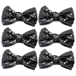 6x Black Glitter Sequin Small Bow Tie Bulk Pack - Shiny Fancy Dress Costume Party