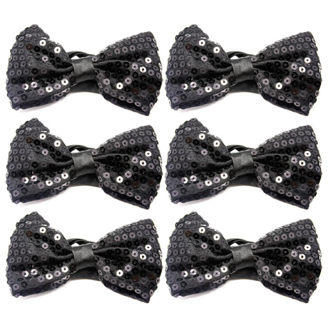 6x Black Glitter Sequin Small Bow Tie Bulk Pack - Shiny Fancy Dress Costume Party