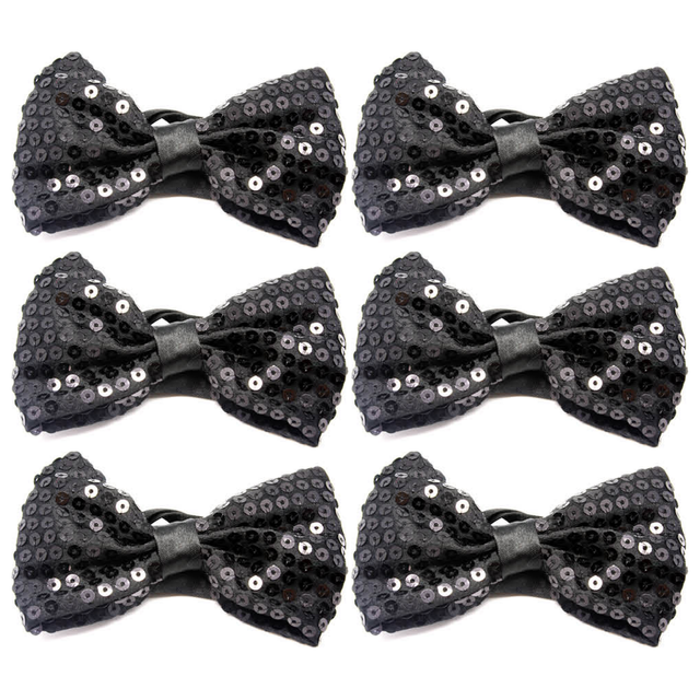 6x Black Glitter Sequin Small Bow Tie Bulk Pack - Shiny Fancy Dress Costume Party