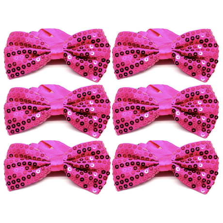6x Hot Pink Glitter Sequin Small Bow Tie Bulk Pack - Shiny Fancy Dress Costume Party