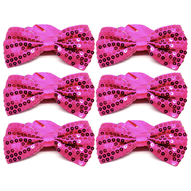 6x Hot Pink Glitter Sequin Small Bow Tie Bulk Pack - Shiny Fancy Dress Costume Party