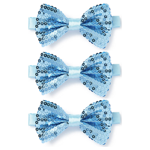 3x Light Blue Glitter Sequin Small Bow Tie Bulk Pack - Shiny Fancy Dress Costume Party