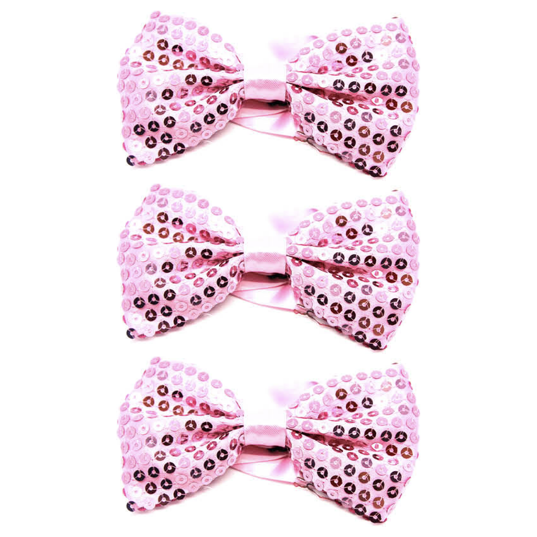3x Light Pink Glitter Sequin Small Bow Tie Bulk Pack - Shiny Fancy Dress Costume Party