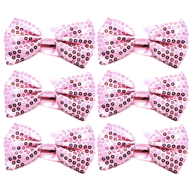 6x Light Pink Glitter Sequin Small Bow Tie Bulk Pack - Shiny Fancy Dress Costume Party