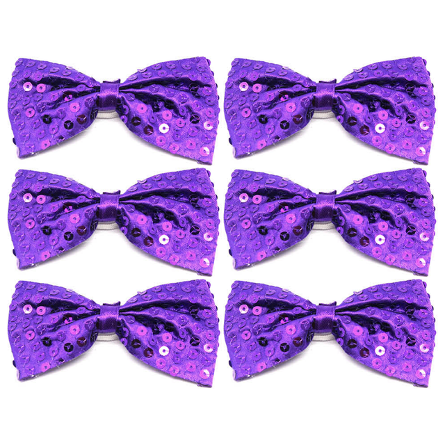 6x Purple Glitter Sequin Small Bow Tie Bulk Pack - Shiny Fancy Dress Costume Party