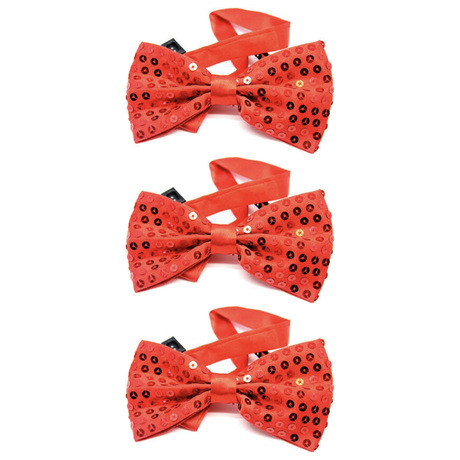 3x Red Glitter Sequin Small Bow Tie Pack - Shiny Fancy Dress Costume Party