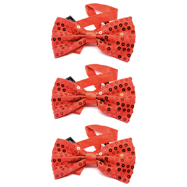 3x Red Glitter Sequin Small Bow Tie Bulk Pack - Shiny Fancy Dress Costume Party
