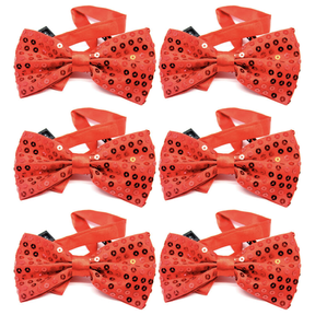 6x Red Glitter Sequin Small Bow Tie Bulk Pack - Shiny Fancy Dress Costume Party