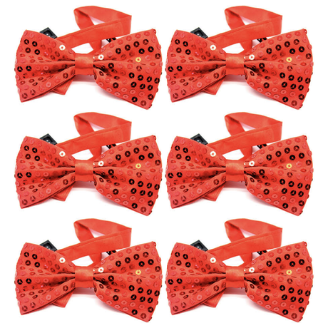 6x Red Glitter Sequin Small Bow Tie Bulk Pack - Shiny Fancy Dress Costume Party