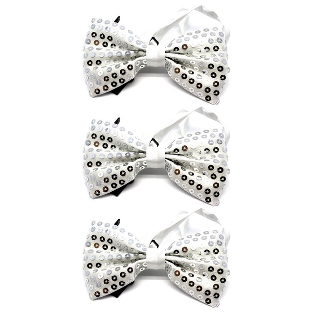 3x Silver Glitter Sequin Small Bow Tie Bulk Pack - Shiny Fancy Dress Costume Party