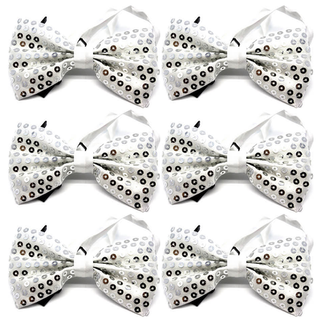 6x Silver Glitter Sequin Small Bow Tie Bulk Pack - Shiny Fancy Dress Costume Party