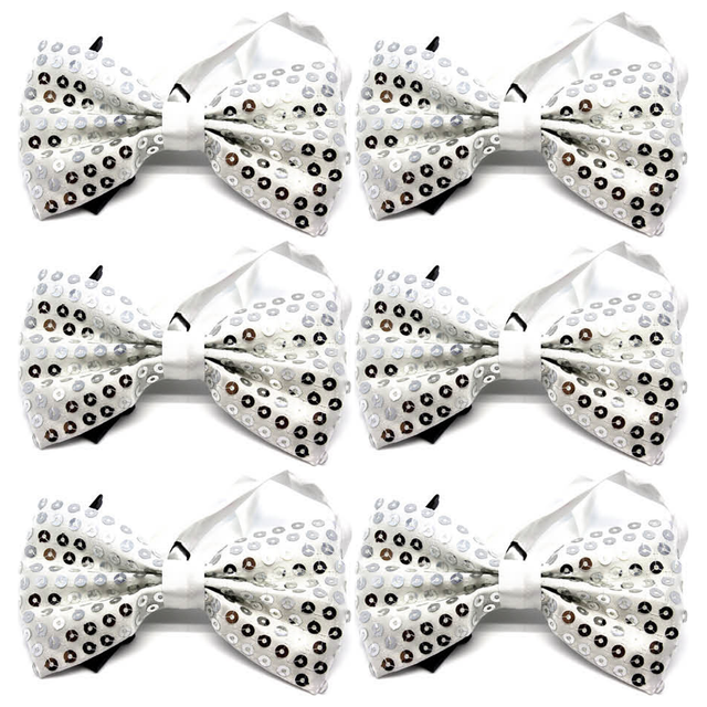 6x Silver Glitter Sequin Small Bow Tie Bulk Pack - Shiny Fancy Dress Costume Party