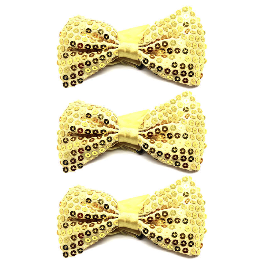 3x Yellow Glitter Sequin Small Bow Tie Bulk Pack - Shiny Fancy Dress Costume Party