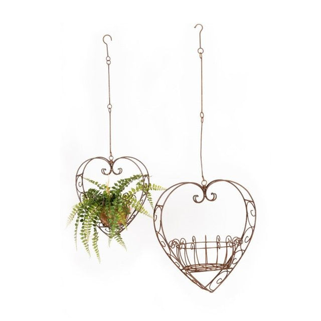 2pc Wire Metal Rust 38/51cm Heart Planter w/ Hook/Chain Outdoor Garden Decor Set