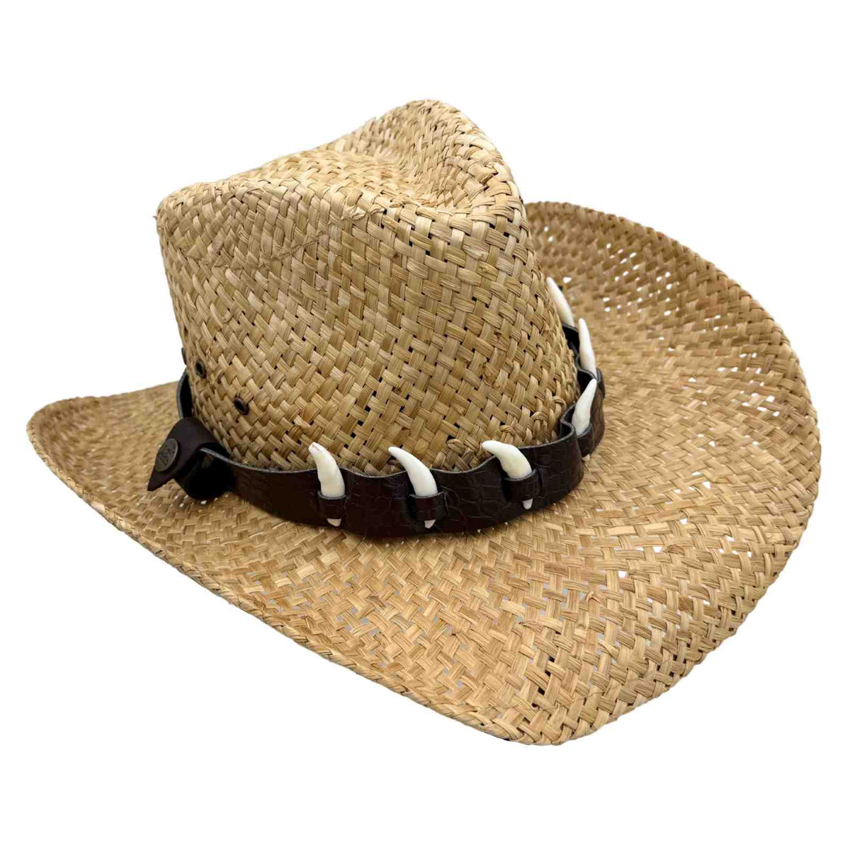 Jacaru 1818G Straw Cowboy Hat with 6 Faux Bones Hatband - Natural (Croc Print Band)