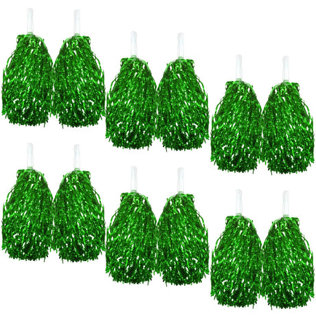 Set of 6 Pairs Green Metallic Cheerleading Pom Poms Bulk Pack w/ Easy-Grip Handles (Australia Day/Sports)