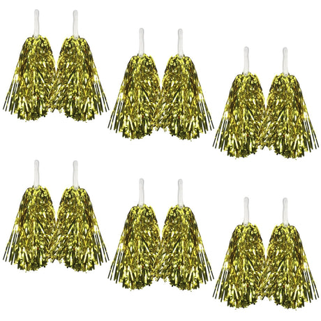 Set of 6 Pairs Yellow Metallic Cheerleading Pom Poms Bulk Pack w/ Easy-Grip Handles (Australia Day/Sports)