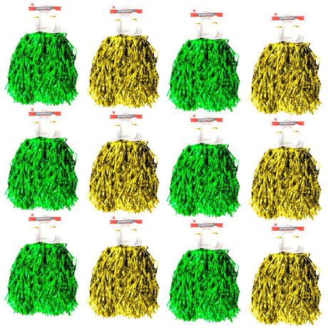 12-Pack Green & Yellow Metallic Cheerleading Pom Poms - 6 Green + 6 Yellow Pairs (Australia Day/Sports)