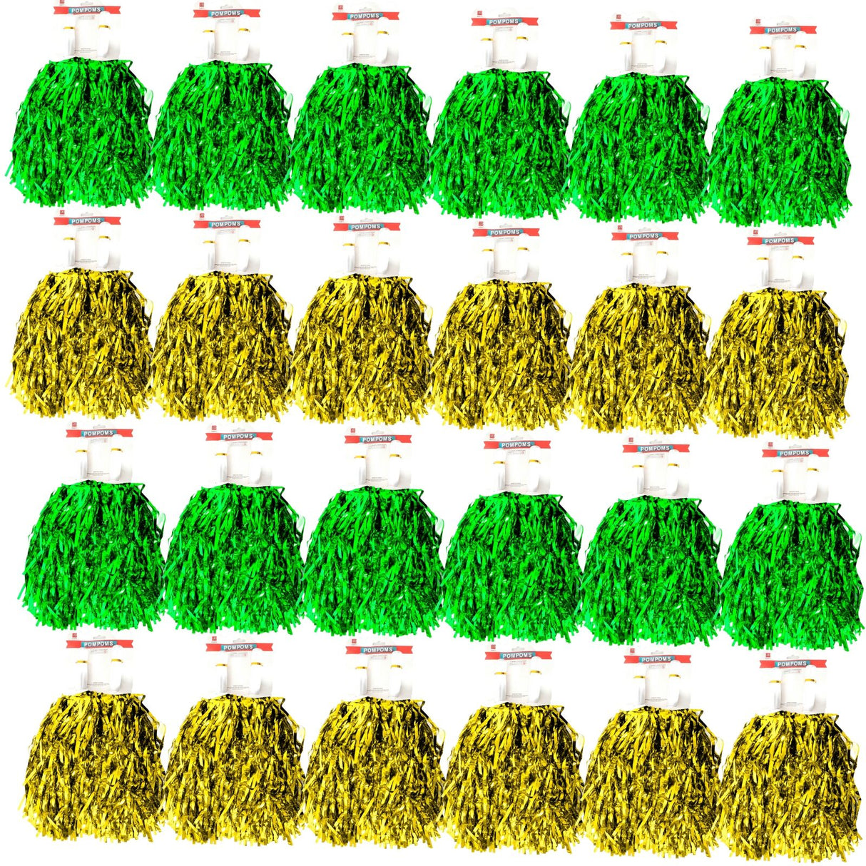 24-Pack Green & Yellow Metallic Cheerleading Pom Poms - 12 Green + 12 Yellow Pairs (Australia Day/Sports)