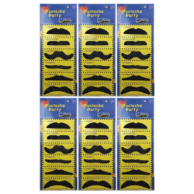 6x Brown 70s Fake Adhesive Moustache Bulk Pack - Props (Halloween Costume & Fancy Dress)