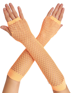 Orange Long Fishnet Gloves - Fingerless Elbow Length (70s & 80s Costume/Party)