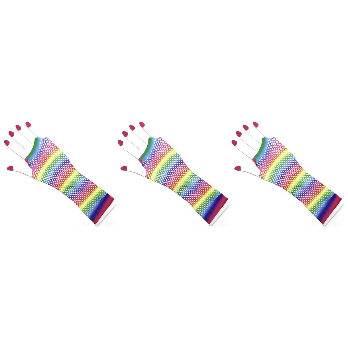 3x Horizontal Rainbow Stripe Fishnet Gloves -Fingerless Wrist Length Pack (80s Costume/Mardi Gras)
