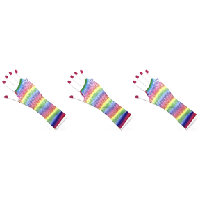 3x Horizontal Rainbow Stripe Fishnet Gloves -Fingerless Wrist Length Pack (80s Costume/Mardi Gras)