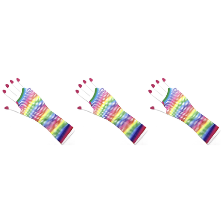 3x Horizontal Rainbow Stripe Fishnet Gloves -Fingerless Wrist Length Pack (80s Costume/Mardi Gras)