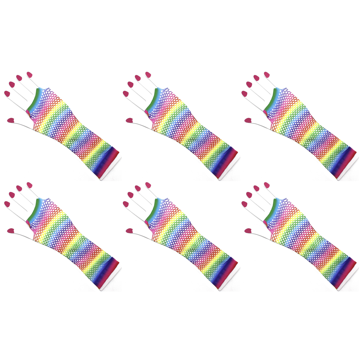 6x Horizontal Rainbow Stripe Fishnet Gloves -Fingerless Wrist Length Bulk Pack (80s Costume/Mardi Gras)