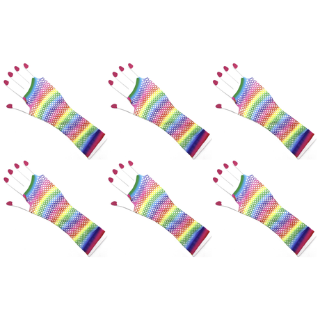 6x Horizontal Rainbow Stripe Fishnet Gloves -Fingerless Wrist Length Bulk Pack (80s Costume/Mardi Gras)