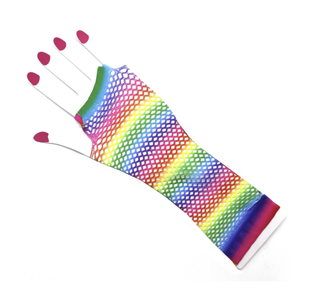 3x Horizontal Rainbow Stripe Fishnet Gloves -Fingerless Wrist Length Pack (80s Costume/Mardi Gras)