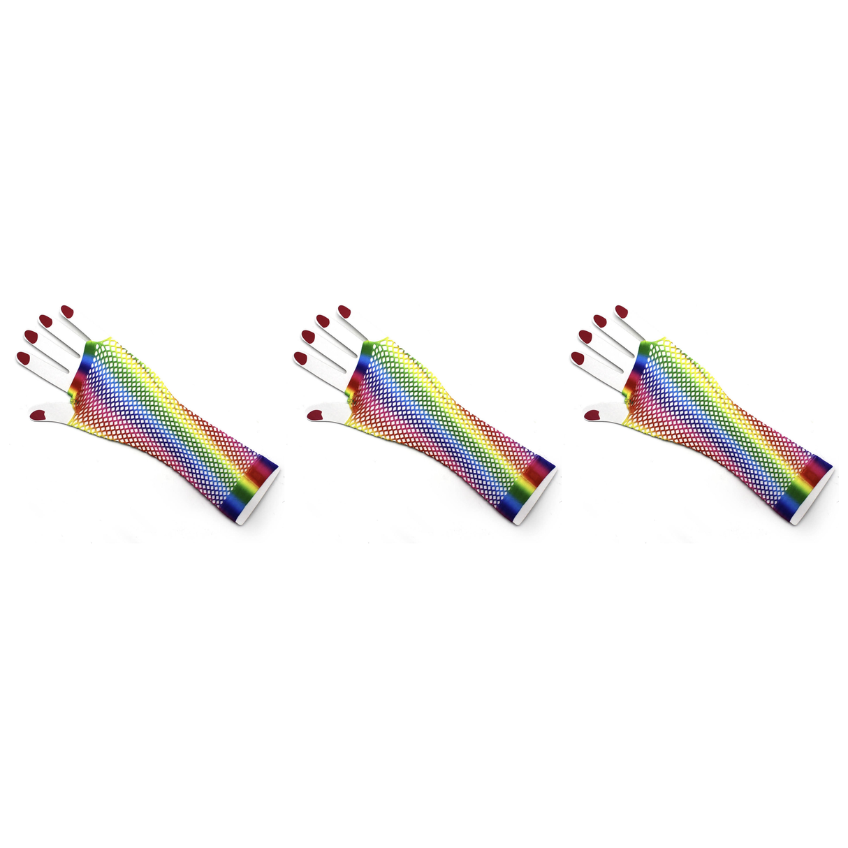 3x Vertical Rainbow Stripe Fishnet Gloves Pack - Fingerless Wrist Length (80s Costume/Mardi Gras)