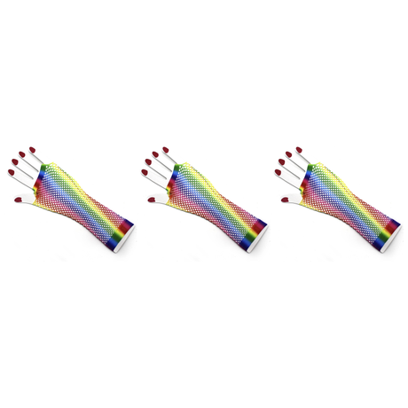 3x Vertical Rainbow Stripe Fishnet Gloves Pack - Fingerless Wrist Length (80s Costume/Mardi Gras)